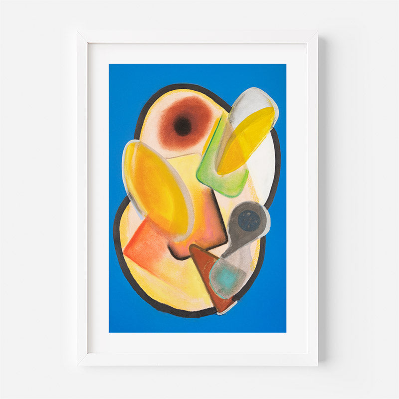 Framed artwork of a colorful abstract design on a blue background