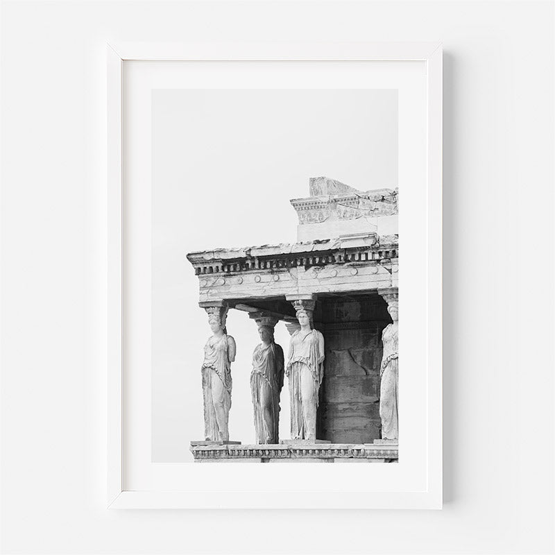 Framed black and white print of classical architecture with statues on a white background