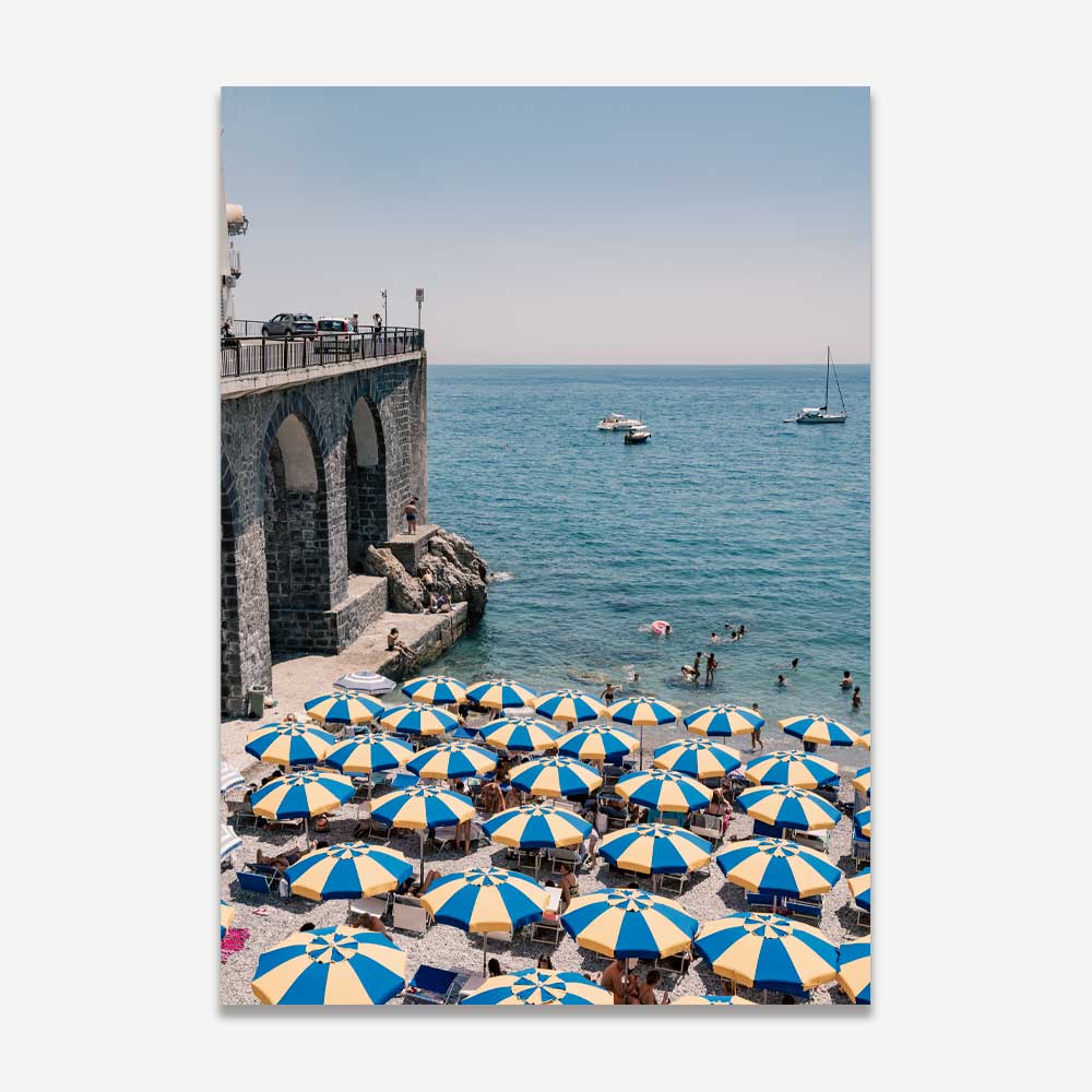 Amalfi Marina Grande summer scene with colourful umbrellas – coastal Italian wall art for a serene, vibrant home decor.