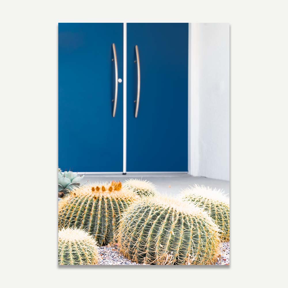Blue door house with cactus in front yard, Palm Springs - stunning for modern artwork and canvas prints.