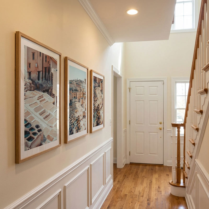 A hallway with three framed art prints hanging on a beige wall above white wainscoting, next to a wooden staircase and hardwood floor.