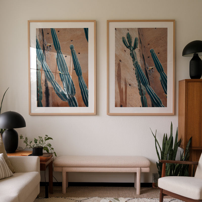 Living room with framed artwork of cacti on the wall, a bench, and decorative items.
