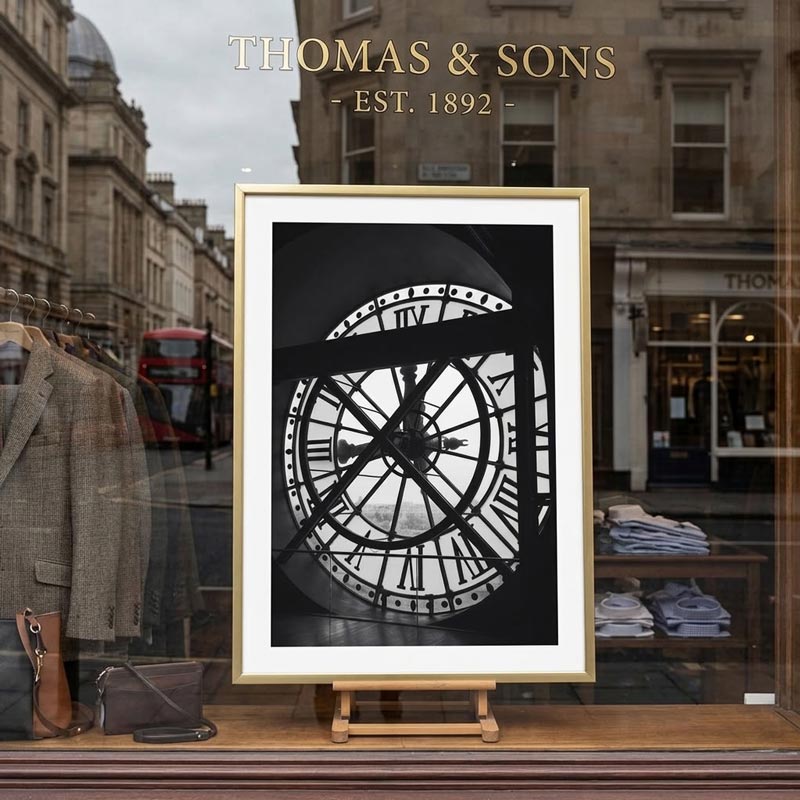 A framed black and white art print of a clock face, displayed on a wooden stand inside a Thomas & Sons store window. The store window features gold lettering at the top and displays clothing items.