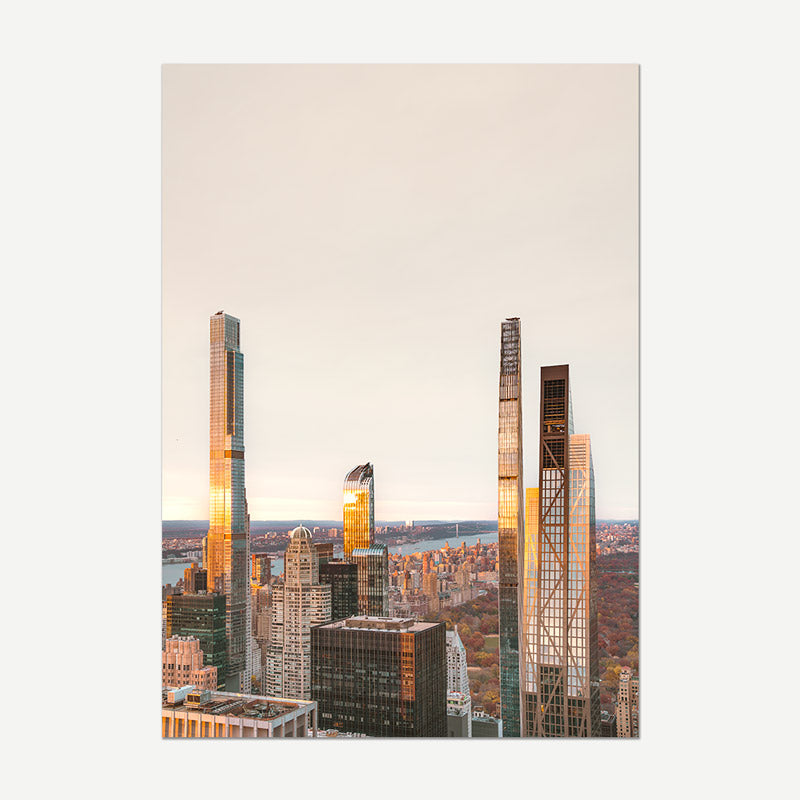 City skyline with tall buildings against a light sky