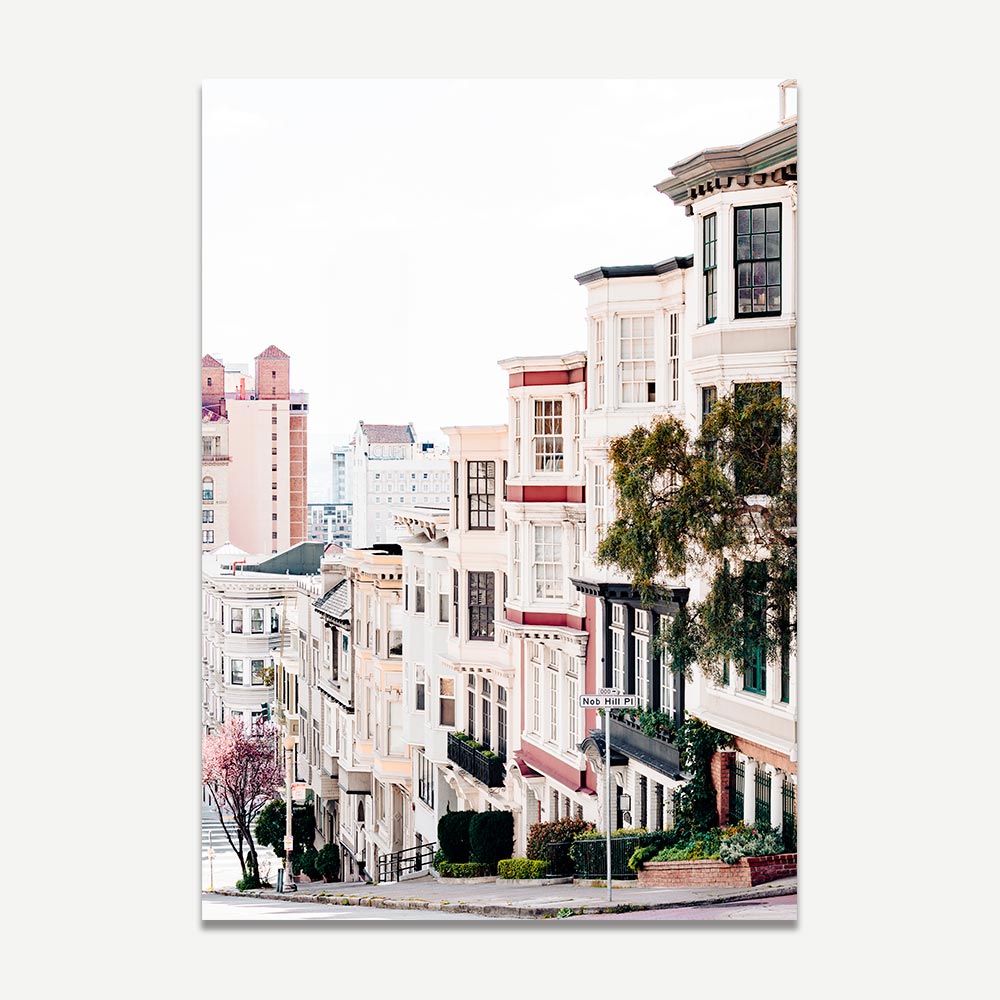 Historic Victorian house in Nob Hill framed by city views, perfect for fine art prints and home decor.