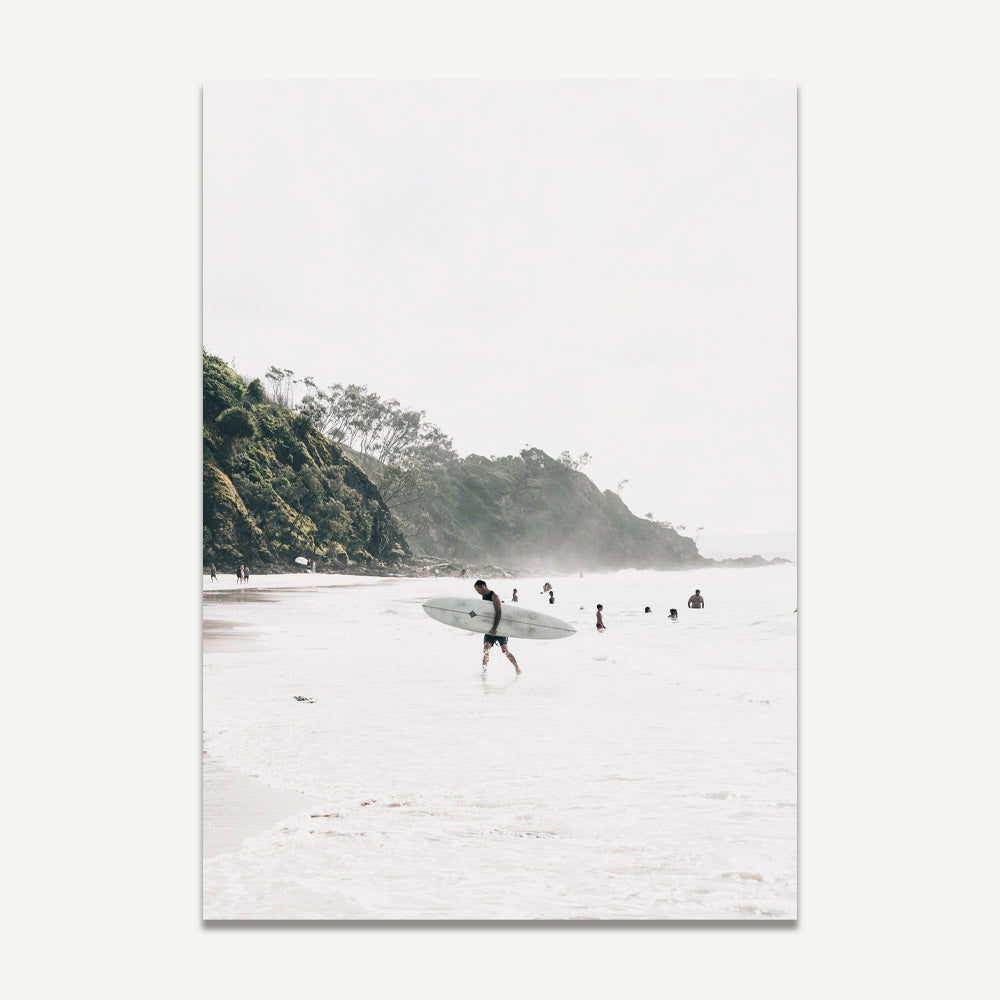 Elevate your home decor with the dynamic image of North Wategos, Byron Bay, featuring a man and his skateboard in this stunning print.