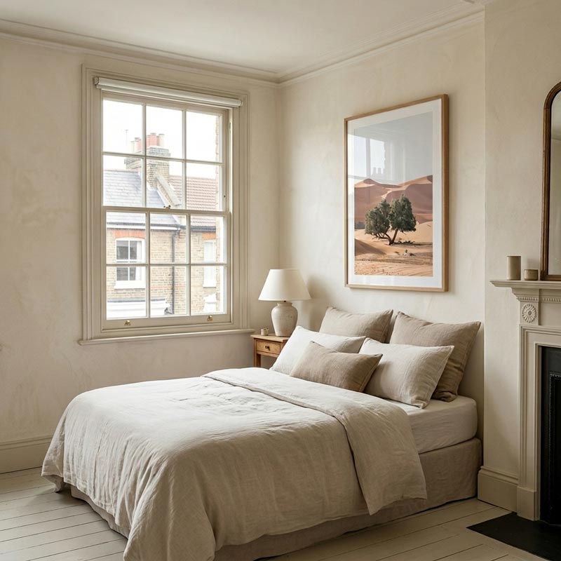 A styled bedroom interior with a bed dressed in light beige linens and pillows, a window with a view of neighboring buildings, a small table lamp, and framed wall art above the bed.