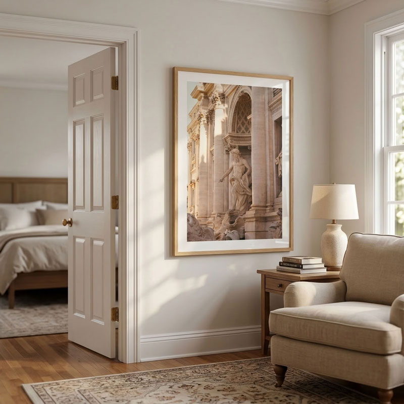 A large framed art print depicting classical stone architecture and statues, styled in a warm, neutral-toned living room setting next to a beige armchair and wooden side table.