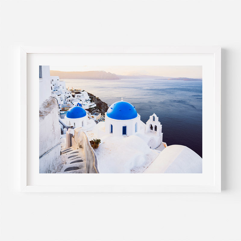 Oia Blue Domes at Sunrise Art Print
