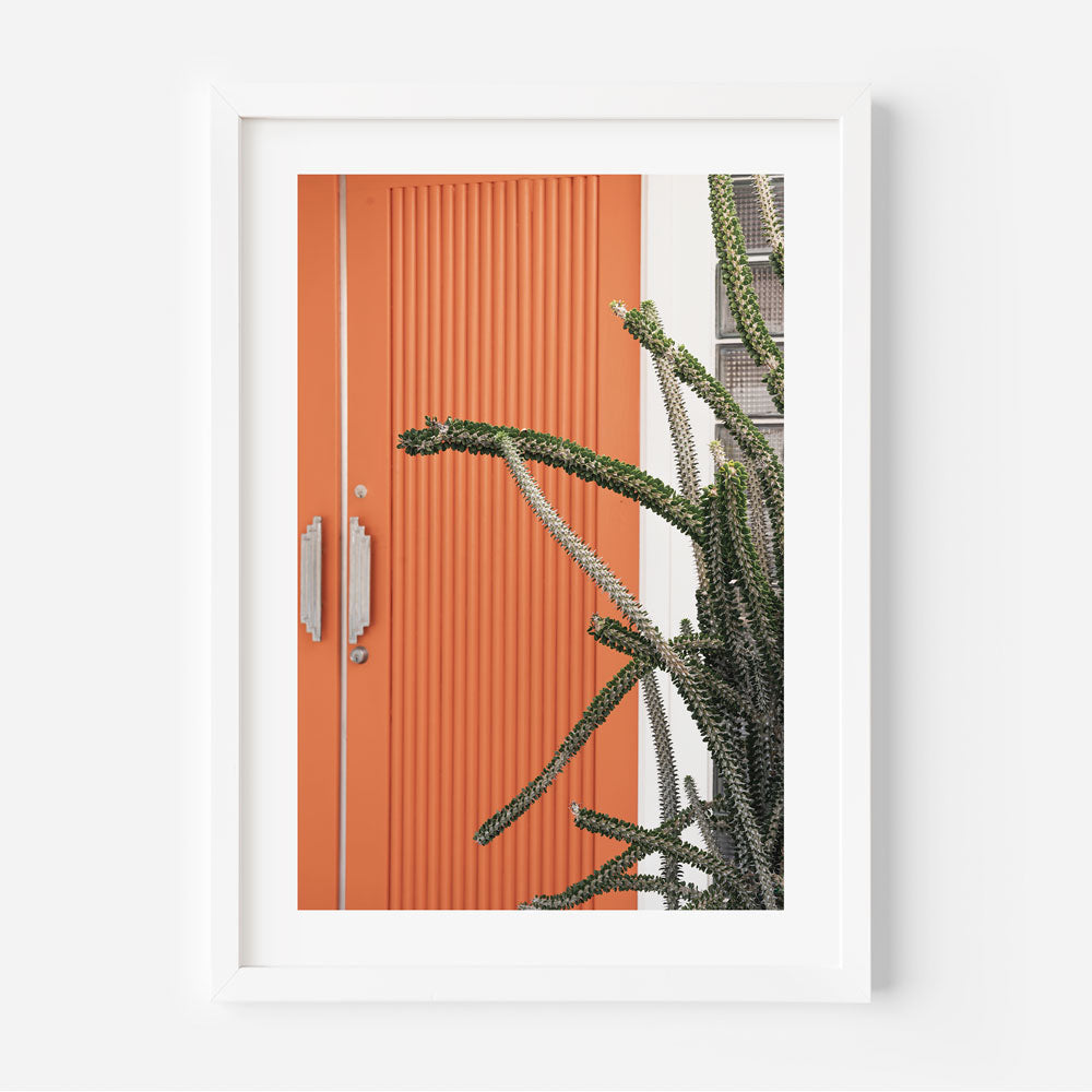 Orange door and cactus plant in white frame. Abstract wall artwork from Oblongshop's Orange Door home in Palm Springs.