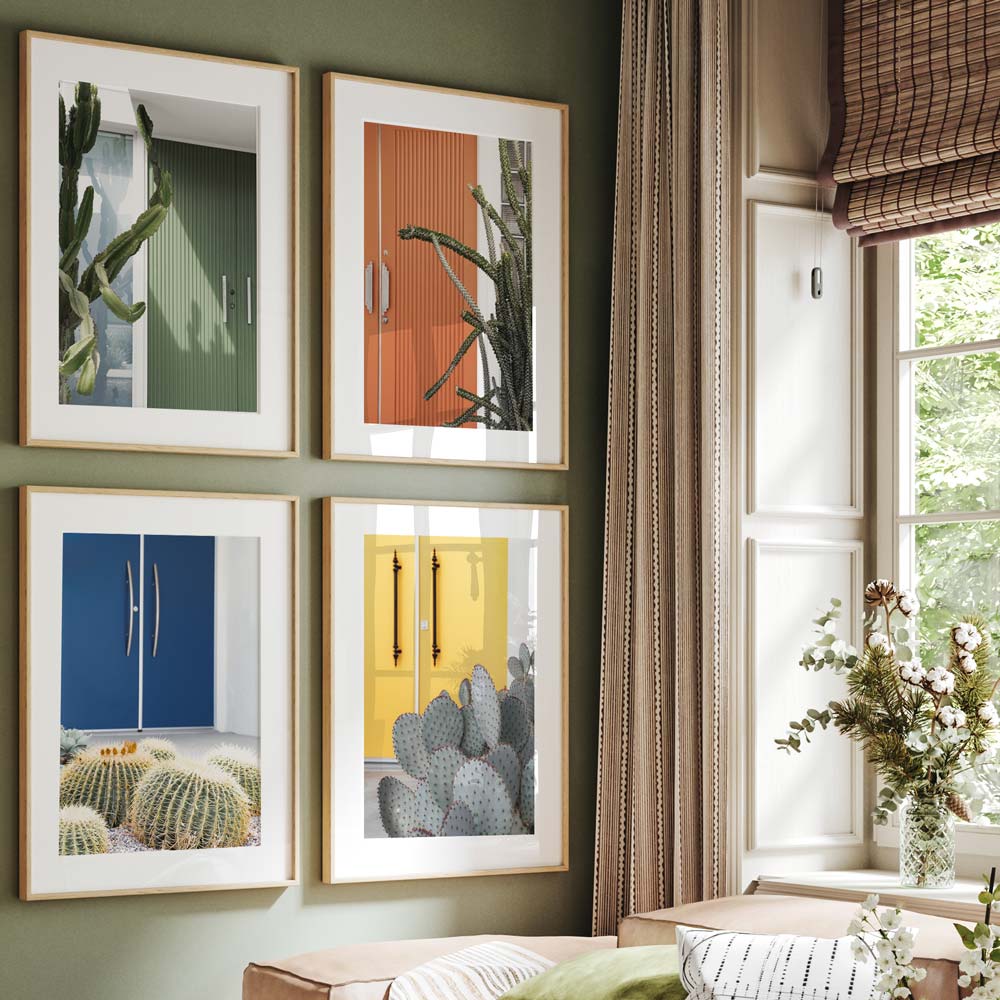 Explore Oblongshop's modern art - Orange door and cactus plant in a contemporary golden frame.