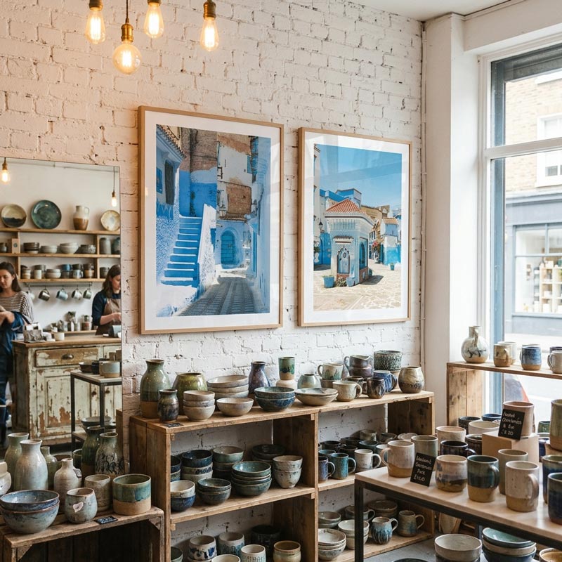 A pottery and art shop interior with shelves of ceramic mugs, bowls, and vases, plus two large framed blue-and-white street art prints hanging on a white brick wall. A person is visible in the mirror reflection, and the room has hanging bulbs and a window.