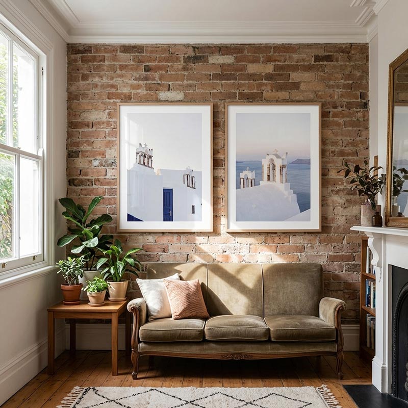 A styled living room with a brick wall backdrop, featuring two large framed art prints of white buildings with blue domes and sea, hung above a beige sofa with potted plants.