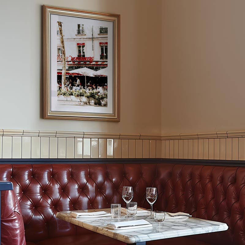 Dining area with red leather booth, marble table, and framed picture on the wall.