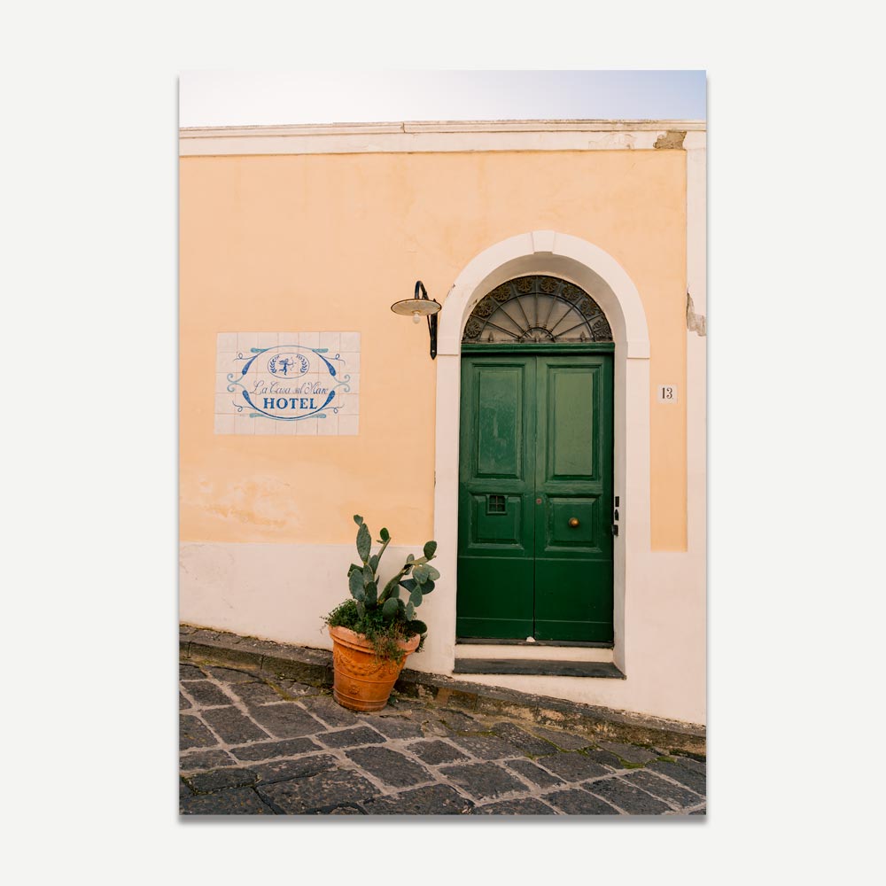 La Casa Sul Mare I wall art with green door and terracotta potted cacti – vibrant Italian coastal decor for a warm, inviting home.