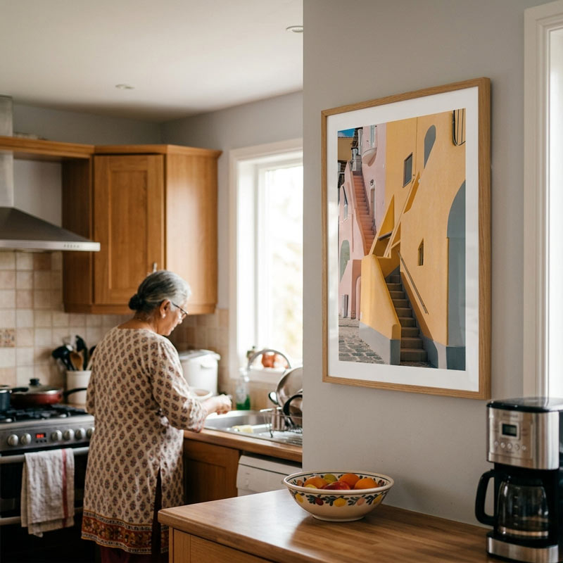 A framed art print depicting a Mediterranean-style street scene with yellow and orange buildings, hanging on a gray wall in a modern kitchen where a woman is washing a dish.