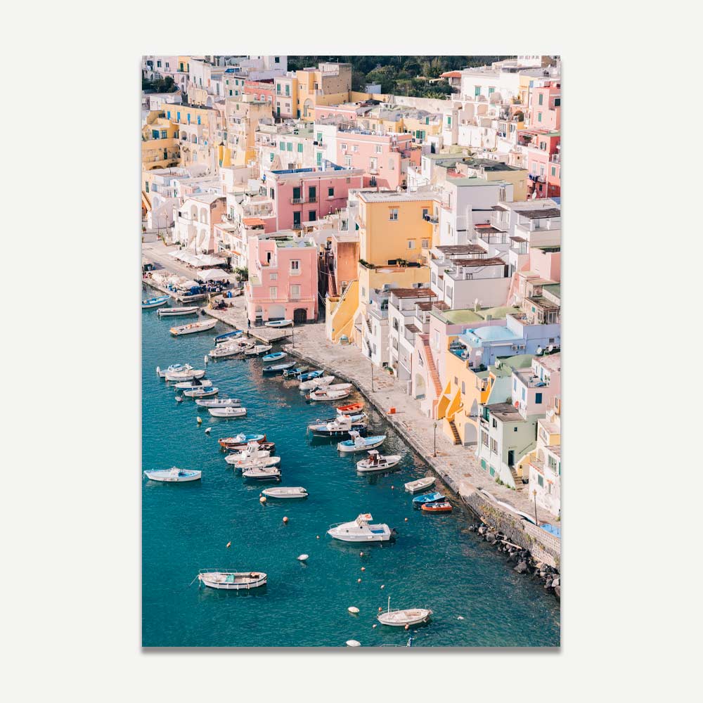 Aerial shot of Marina Corricella wall art from Procida Island, featuring pastel buildings and peaceful marina – perfect Mediterranean decor for a serene home.