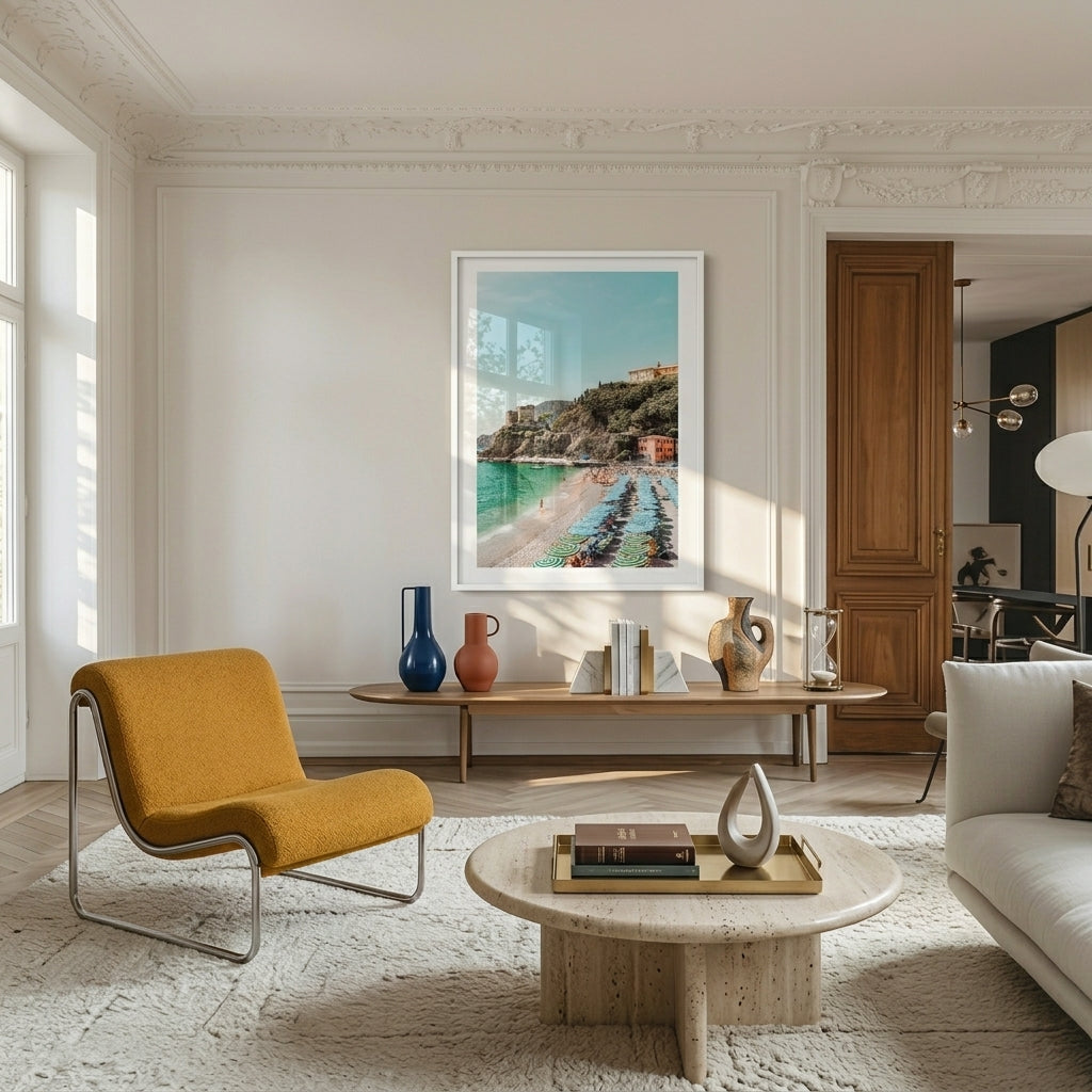 Modern living room with yellow chair, marble coffee table, and artwork on the wall.