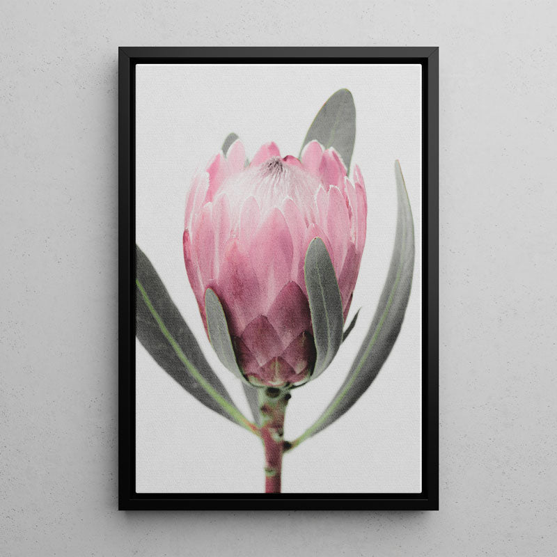Framed artwork of a pink flower with green leaves on a gray wall.