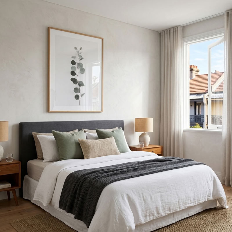 A styled bedroom interior featuring a neatly made bed with white linens, sage green and beige pillows, a dark gray upholstered headboard, a dark gray throw blanket, and a large framed botanical print on the wall above. A window with sheer curtains and an open outer pane shows neighboring buildings outside.