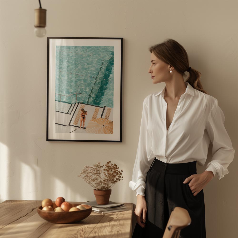 Bondi Icebergs swimmer photo art with vibrant summer tones for a coastal-inspired room.
