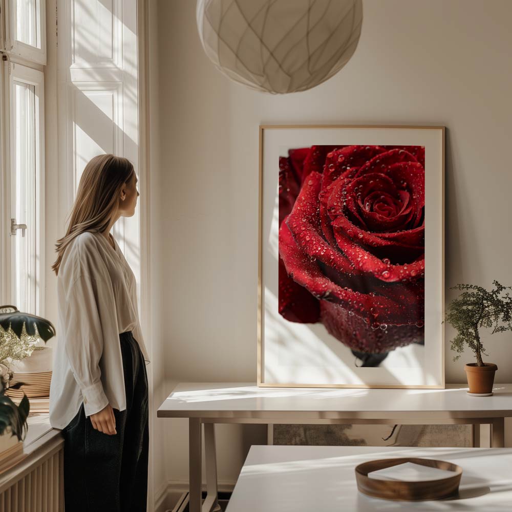 Red Rose Rain Drops Art Print
