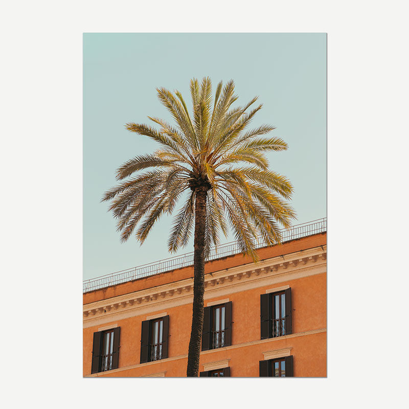 A vertical photographic print of a tall palm tree in front of a warm terracotta-colored building with dark shutters, set against a pale sky. The print is shown centered on a light gray background.
