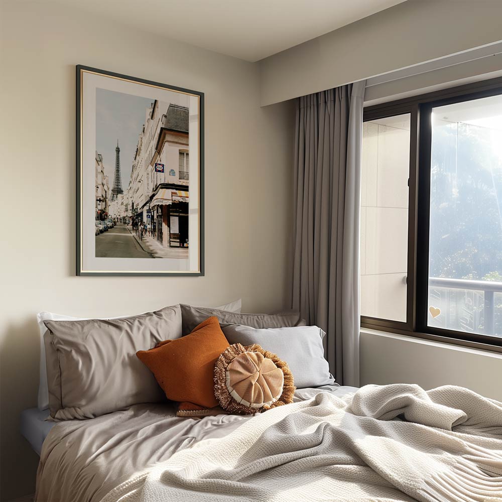 Iconic view of the Eiffel Tower from Rue Saint-Dominique with Parisian buildings, perfect for modern wall art.

