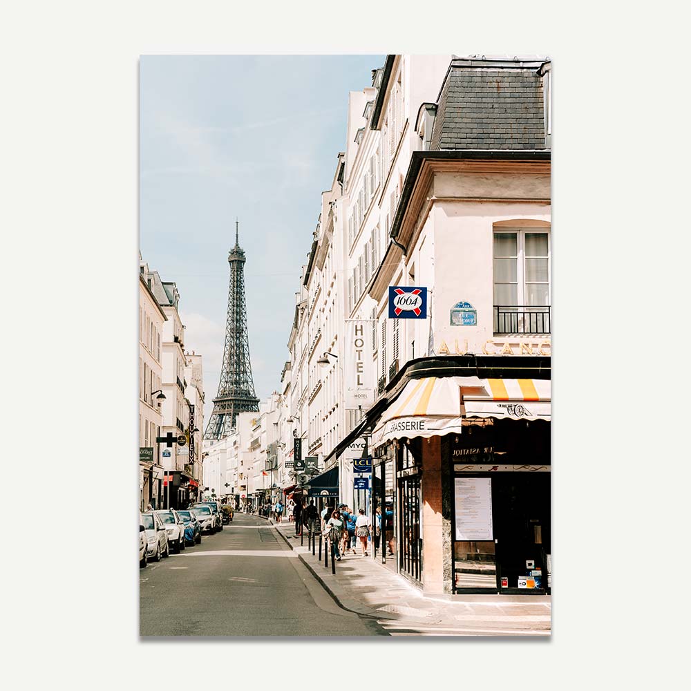 Vibrant Parisian street view with Eiffel Tower, captured in fine art prints for your sitting room or lounge room wall art.
