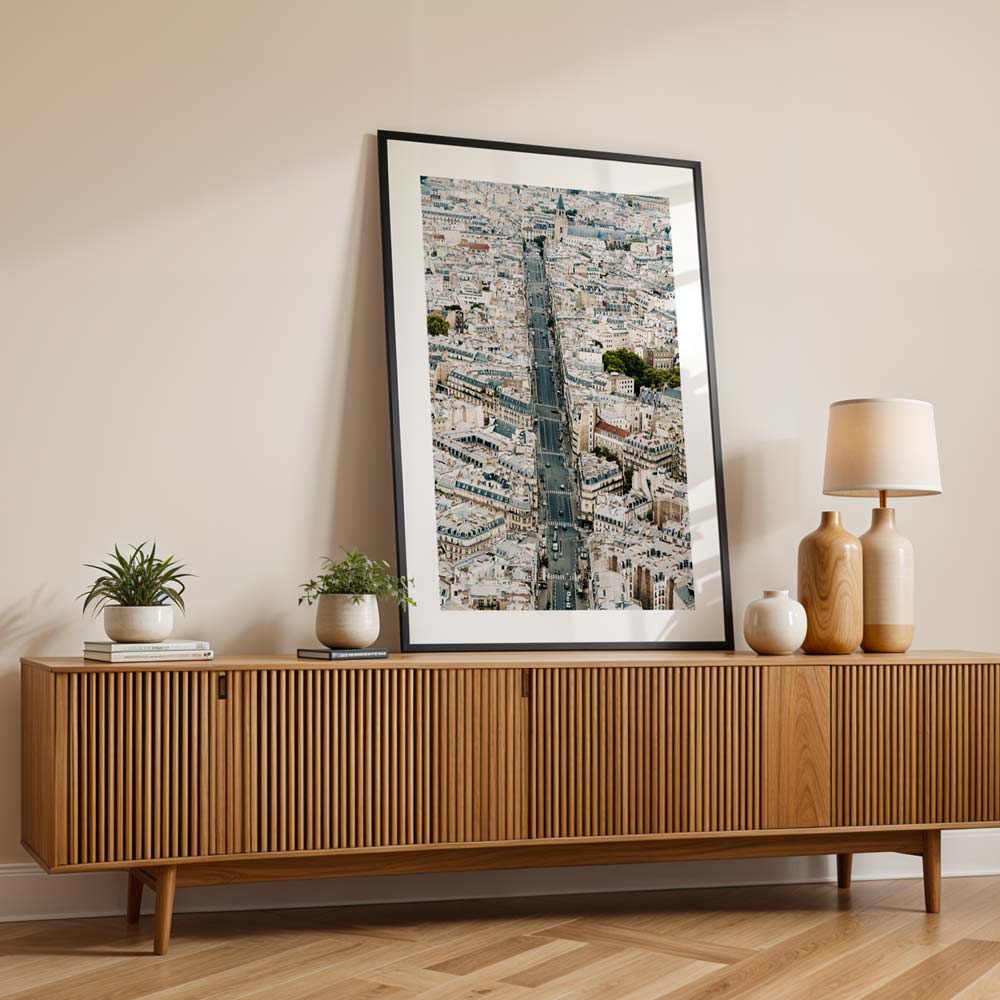 Charming Paris rooftop view with detailed architecture, perfect wall art for living room or bedroom decor.
