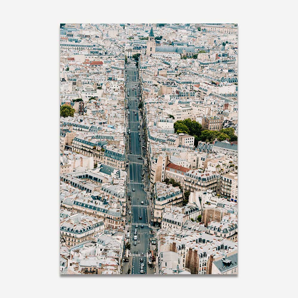 Paris rooftop scene with detailed chimney stacks, perfect for enhancing your home decor with Parisian style.
