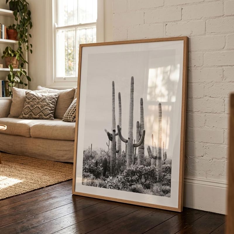 A large framed black and white art print of saguaro cacti in a desert landscape, leaning against a white brick wall on a dark wood floor in a cozy living room setting.