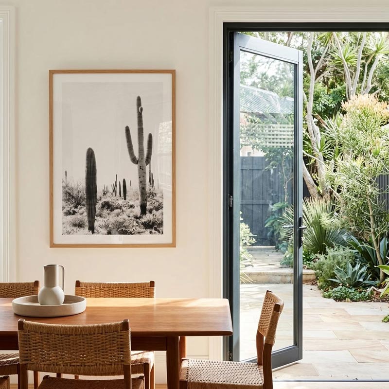 A framed black and white cactus and succulent art print hangs on a cream wall in a dining room, with a wooden table, woven chairs, and an open glass door leading to a lush green outdoor patio.
