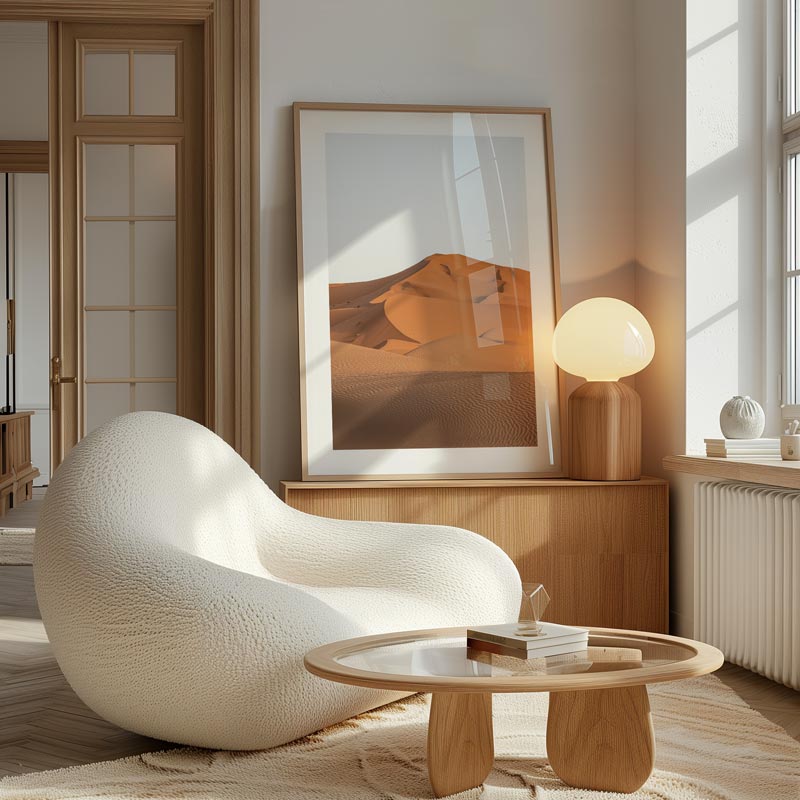 Modern living room with a textured white chair, wooden coffee table, and abstract art on the wall.
