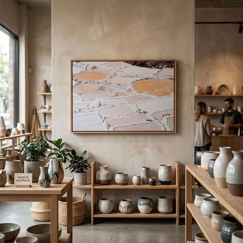 A framed abstract art print depicting colorful salt pans hangs on a beige wall in a pottery studio. The room features wooden shelves and tables displaying various ceramic vases, pots, and planters, with a woman and man visible in the background working at the counter.