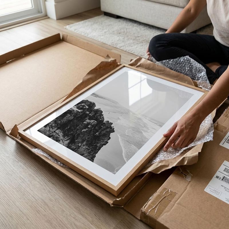 A person unpacking a large framed black and white landscape photograph print with a light wood frame and white mat, placed inside an open cardboard shipping box on a wooden floor.
