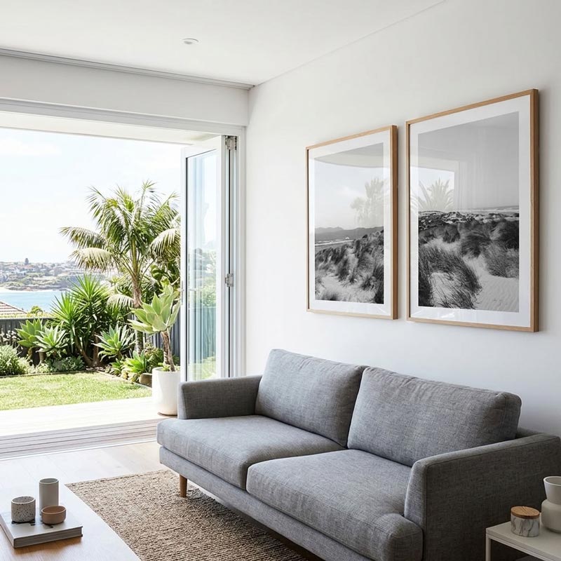 A modern gray fabric sofa in a bright, contemporary living room with two framed black-and-white landscape prints on the white wall. Large glass doors open to a tropical garden and ocean view.