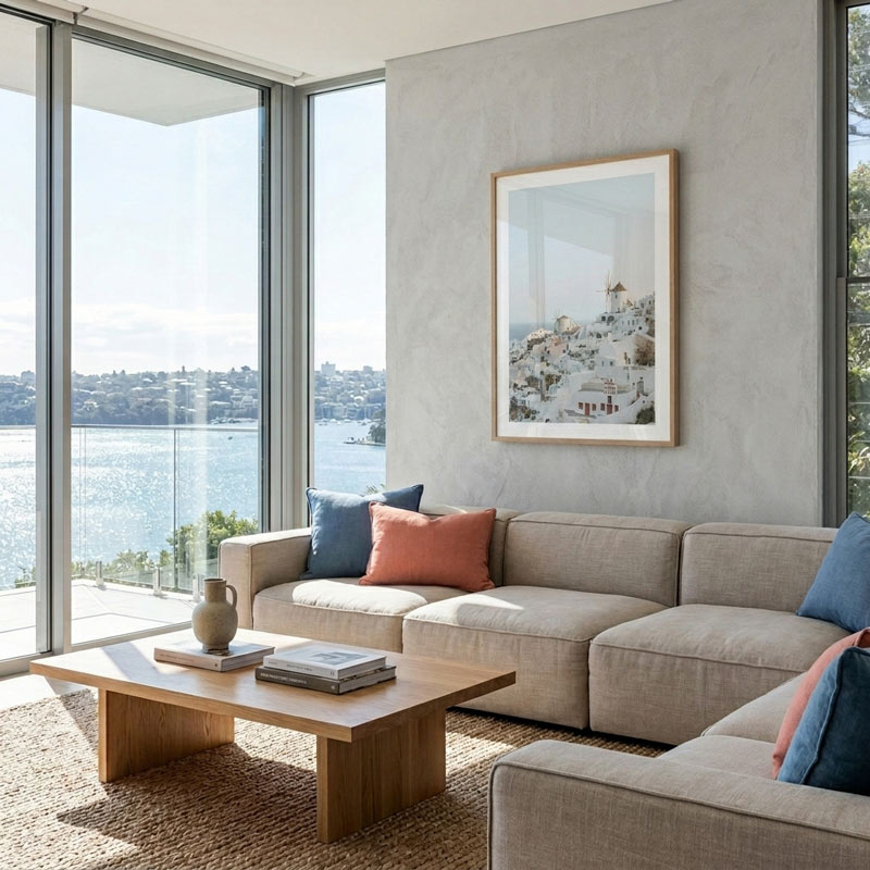A modern living room with a light beige sectional sofa, a wooden coffee table, and a large framed art print on a textured gray wall, overlooking a scenic waterfront.