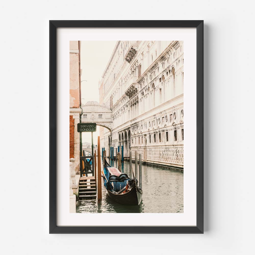 Discover the allure of Servizio Gondole in Venice, Italy with this stunning photograph showcasing a boat and the tranquil waters - Perfect for wall art decor.