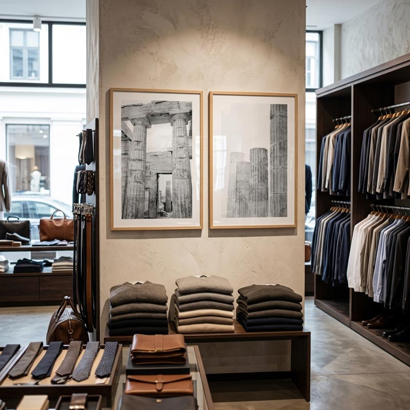 Store interior with clothing racks, folded garments, and wall art.