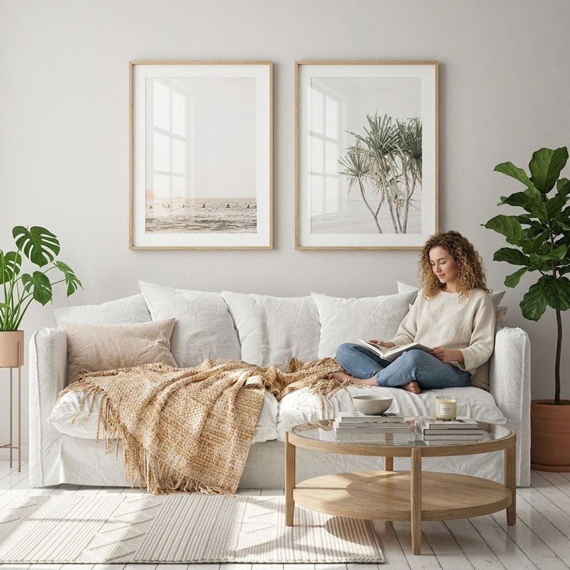 Woman reading a book on a white sofa in a stylish living room with plants and framed artwork.