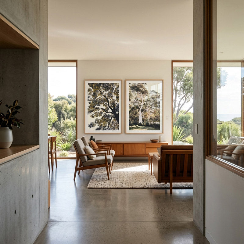 Modern living room with large windows, neutral decor, and artwork on the wall.