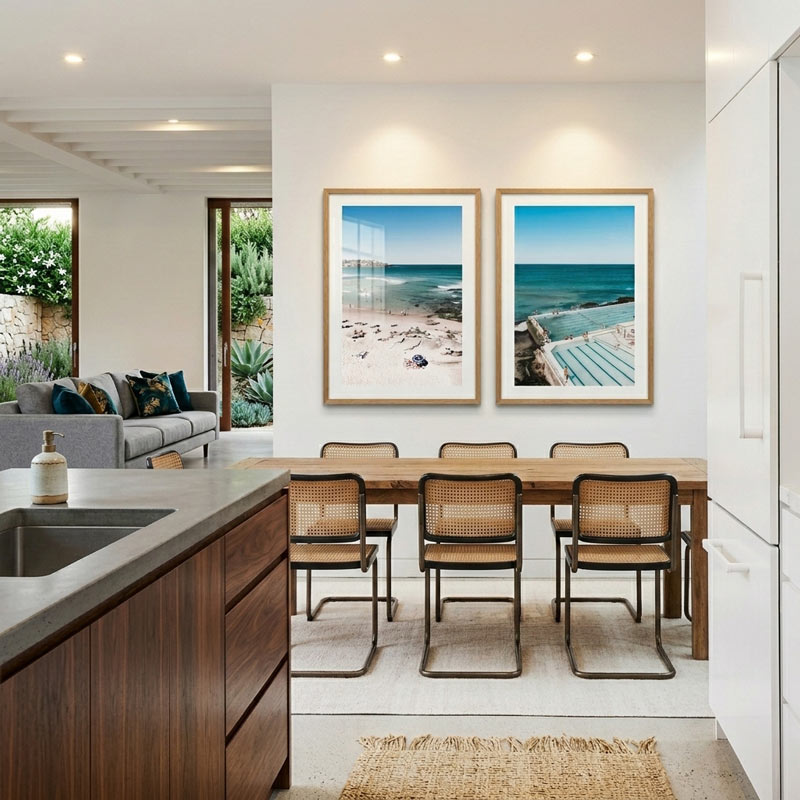 Modern kitchen with dining area featuring a table and chairs, and two framed beach scenes on the wall.
