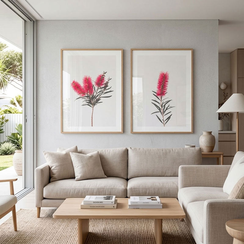 Set of 2 Botanical Art Prints - Solo Bottle Brush Flower and Bottle Brush Flowers