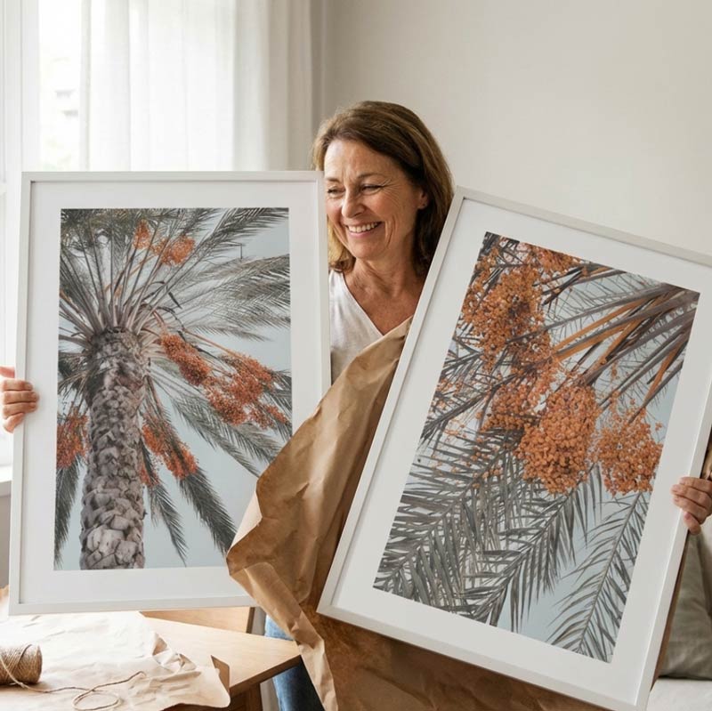 Woman holding two framed prints of palm trees in a home setting