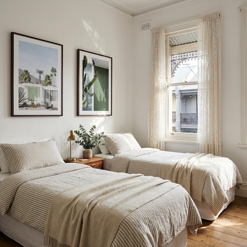 A bright, sunlit bedroom with two single beds dressed in beige striped bedding and textured cream throws, framed wall art above, and lace curtains by a window.