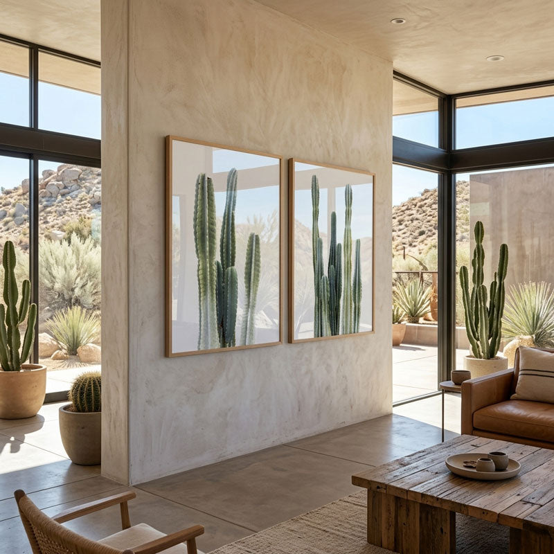 Modern living room with cactus artwork and desert view