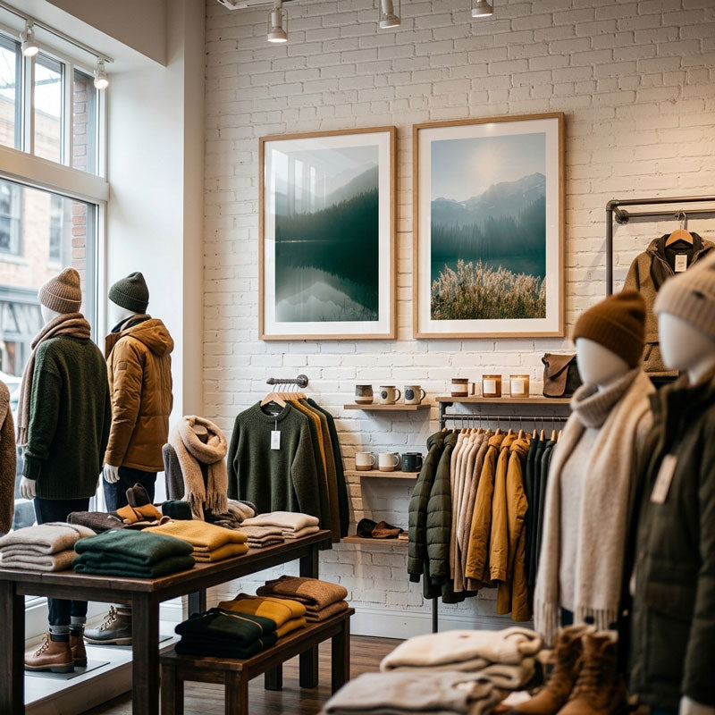 Clothing store interior with mannequins wearing winter clothing and accessories.
