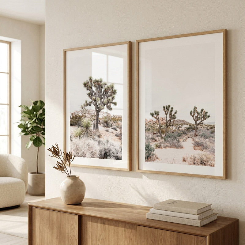 Two framed landscape prints on a wall above a wooden console table with decor items.