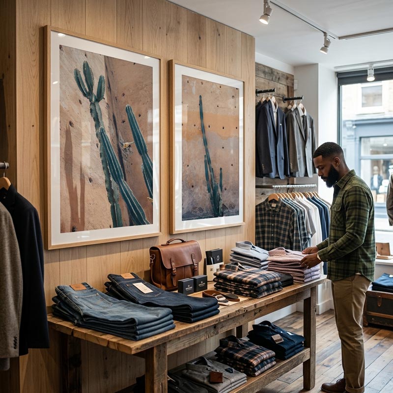 Man shopping in a clothing store with wooden walls and framed artwork.